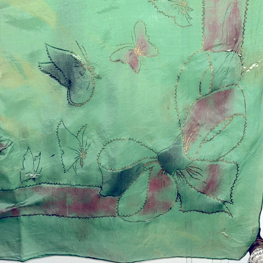 Vtg Brico 5 1/2 Momme green silk artsilk scarf painted with butterflies- AS IS - Picture 4 of 11